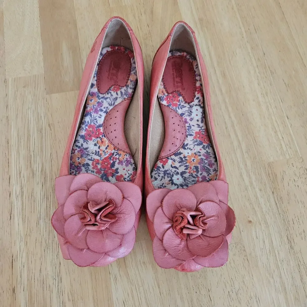 Born Julianne Coral Pink Leather Floral Rosette Ballet Flats Sz 6